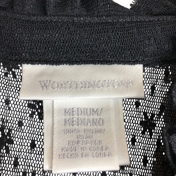 Y2K Worthington Top Womens M Black Sheer Lace Button Ruffle Neck Whimsigoth Goth - Picture 3 of 9